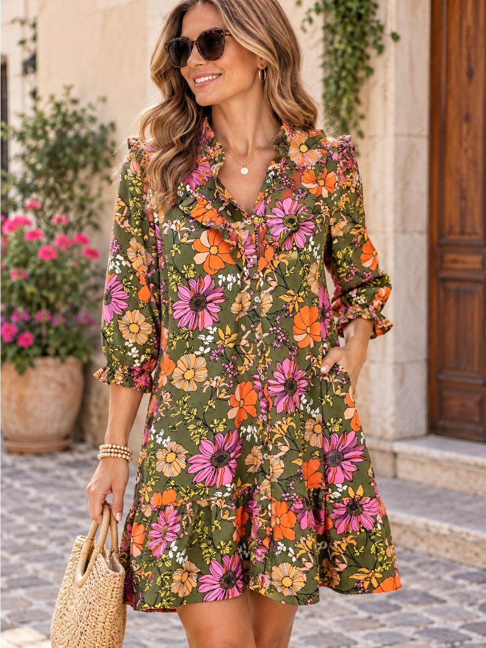 Michelle McDowell Olive Floral Ruffle Tiered Mini Dress Size S